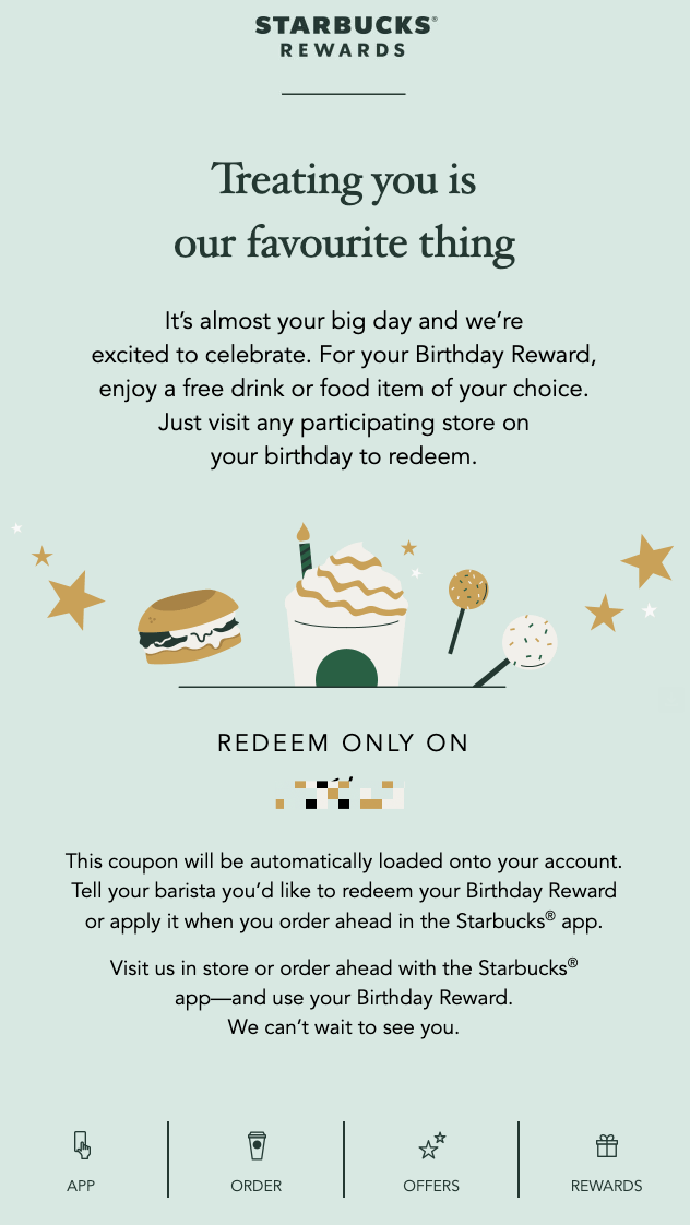 Loyalty and rewards email marketing example from Starbucks.