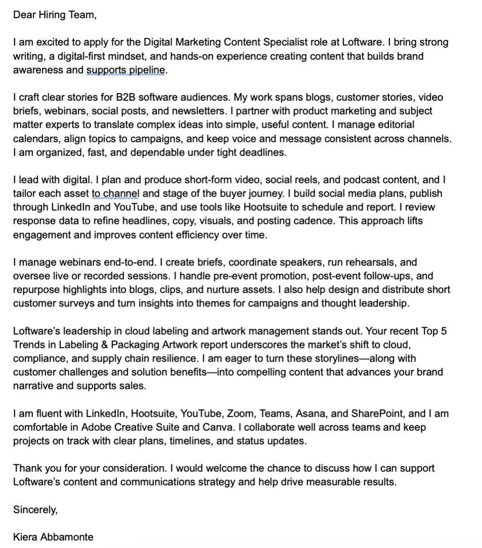 An example cover letter from CoverDoc.ai