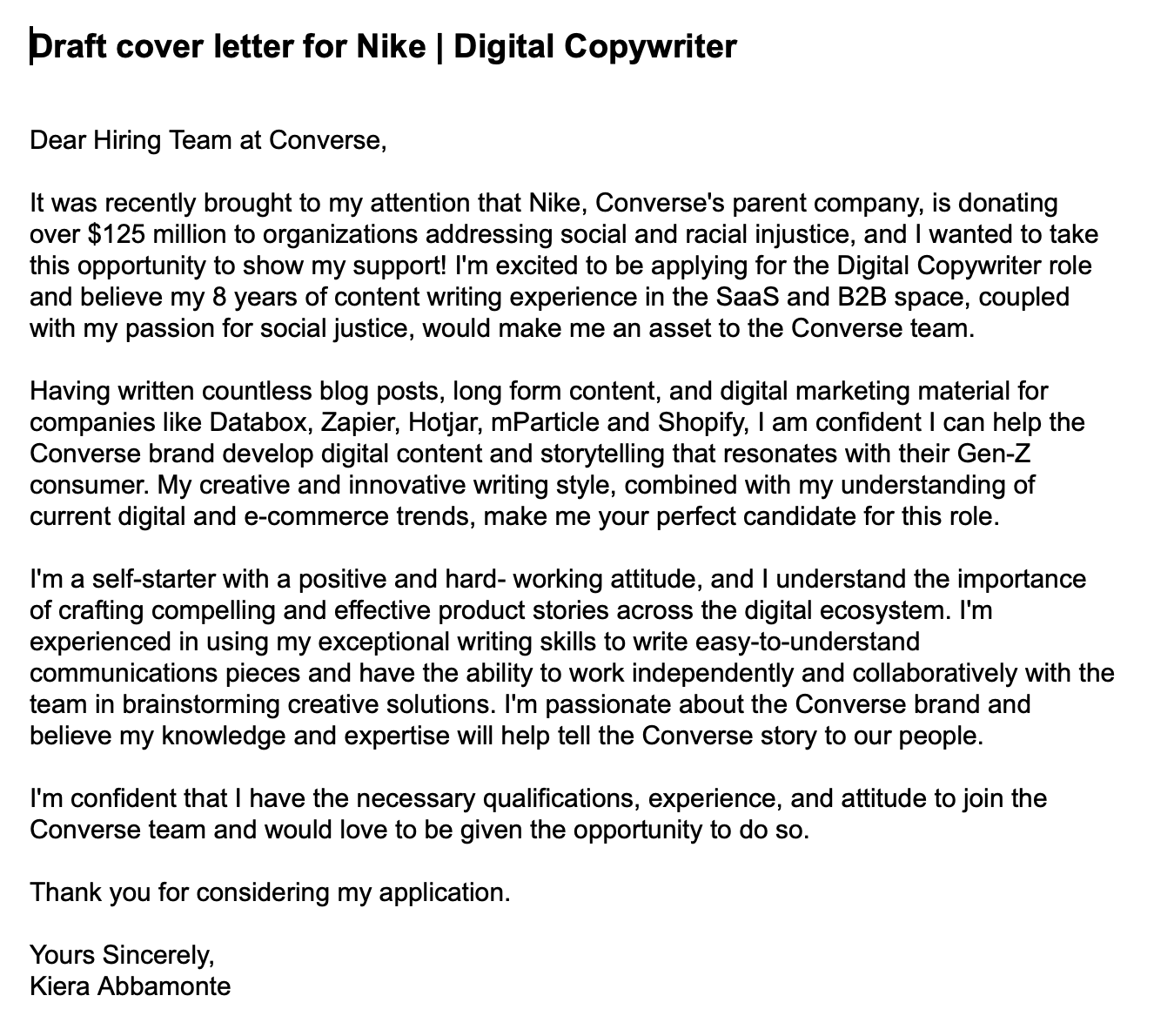 An example cover letter from CoverDoc.ai