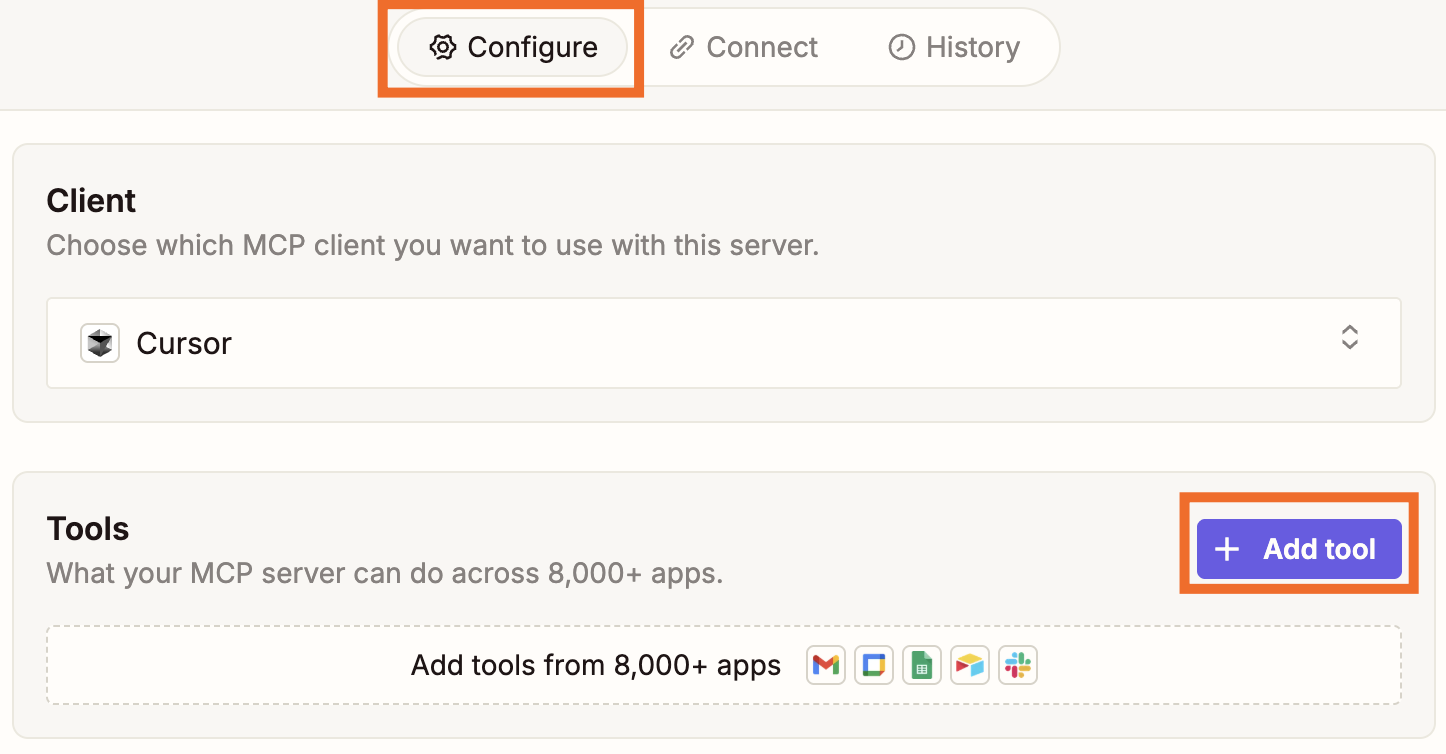 The Zapier MCP dashboard with the configure and add tool tabs highlighted