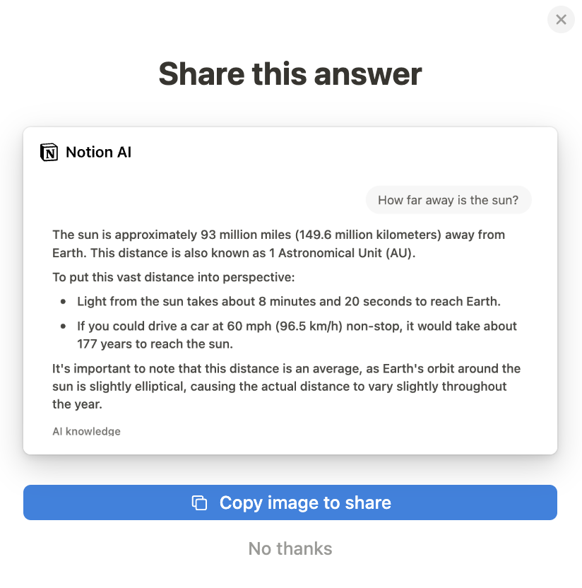 Preview of a Notion AI response with the option to share it as an image.