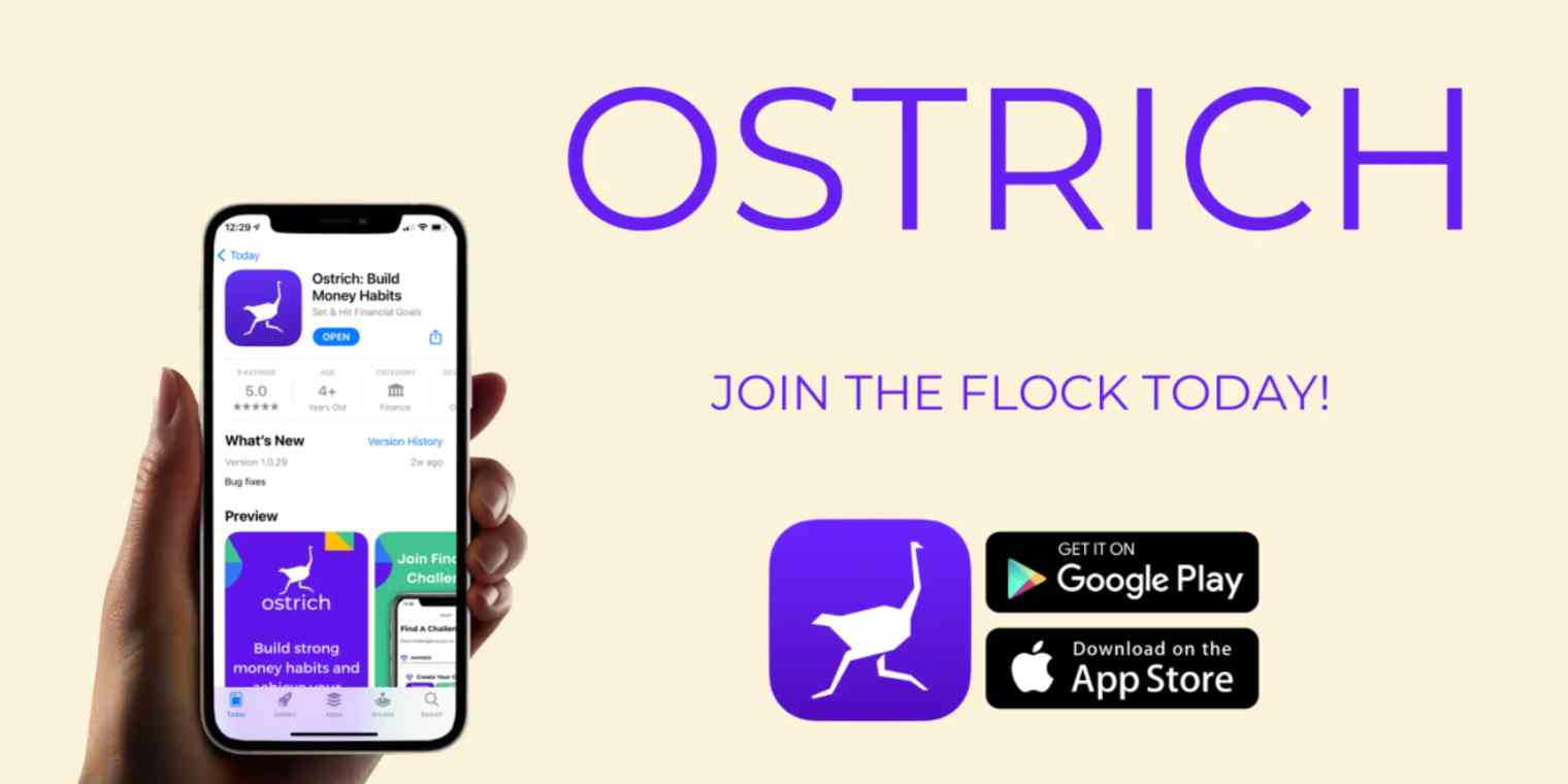 A hand holding a mobile phone with the screen showing the app page in Apple's App Store. Large text reads "Ostrich join the flock today!" There are icons for the app logo—a stylized white ostrich on a purple background—and examples of download buttons.