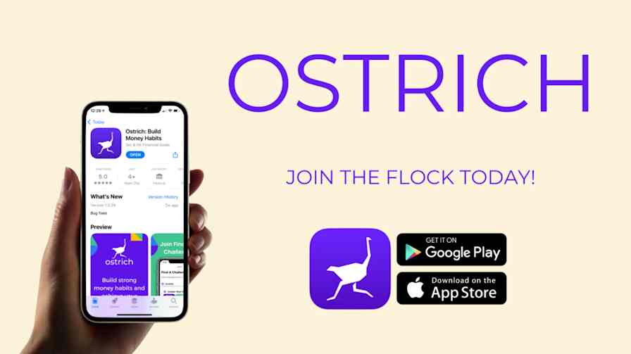 A hand holding a mobile phone with the screen showing the app page in Apple's App Store. Large text reads "Ostrich join the flock today!" There are icons for the app logo—a stylized white ostrich on a purple background—and examples of download buttons.