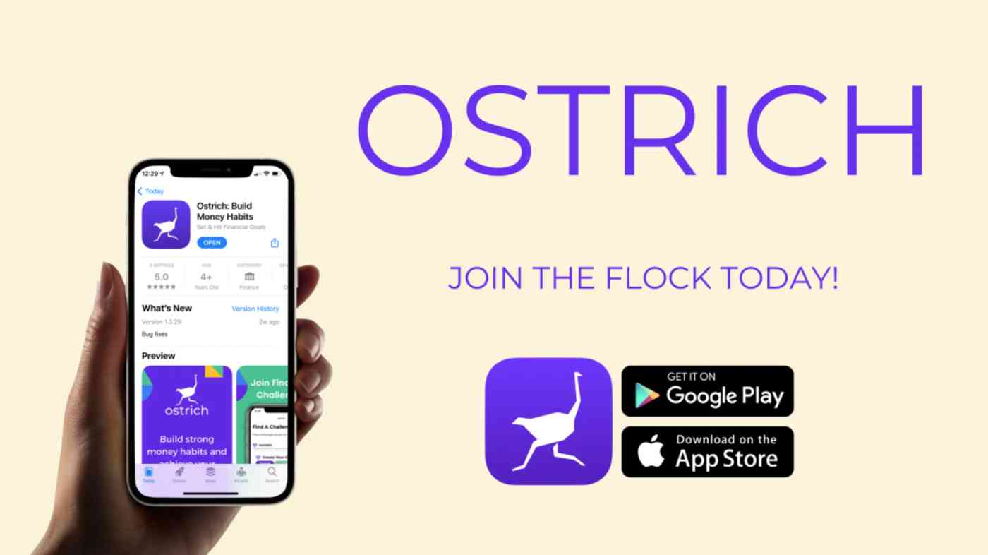 A hand holding a mobile phone with the screen showing the app page in Apple's App Store. Large text reads "Ostrich join the flock today!" There are icons for the app logo—a stylized white ostrich on a purple background—and examples of download buttons.