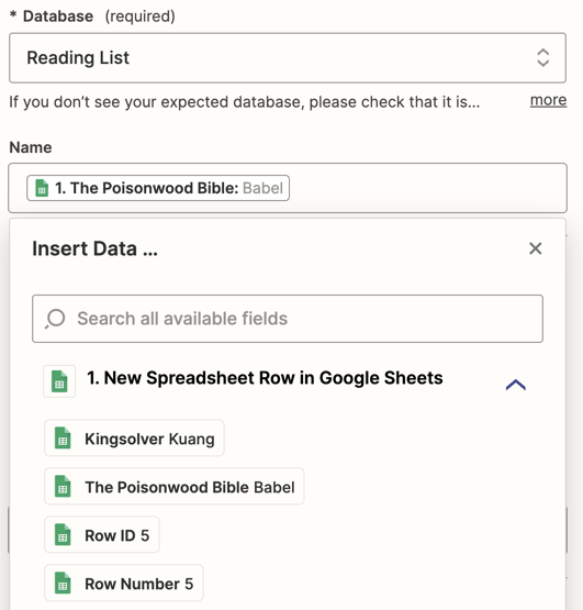 A Google Sheet selected in the Name field in a Notion action step in the Zap editor.