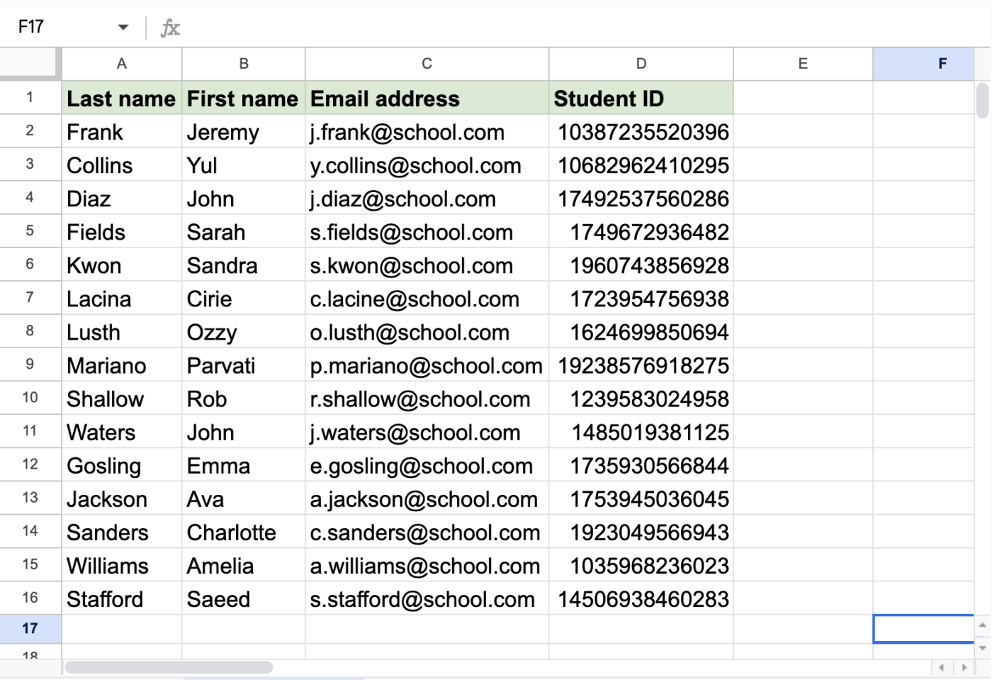 Google Sheets with cells expanded just enough to fit the data. 