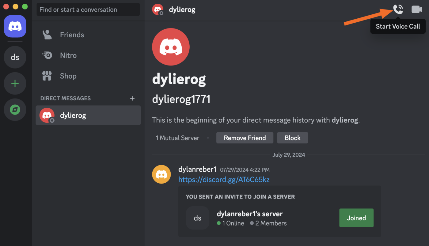 Image showing how to start a private voice call on Discord