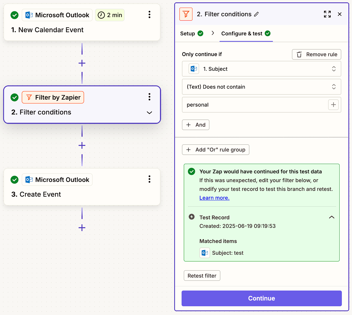 A multi-step Zap in the Zap editor with the filter step shown open to filter out Outlook calendar events with the word "personal" in the subject line.
