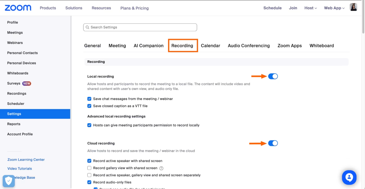 Screenshot of Zoom web portal recording options