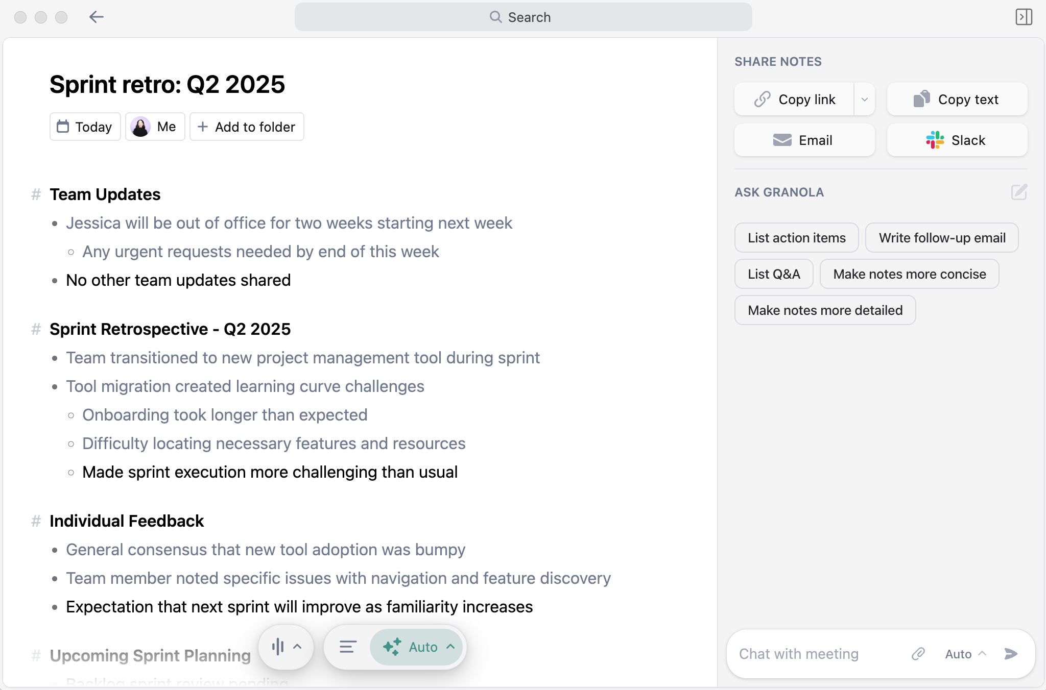 Granola, our pick for the best AI meeting assistant for combining human and AI notes.