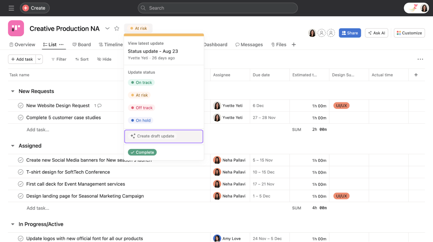 Screenshot displaying Asana's AI feature and the range of its functionality