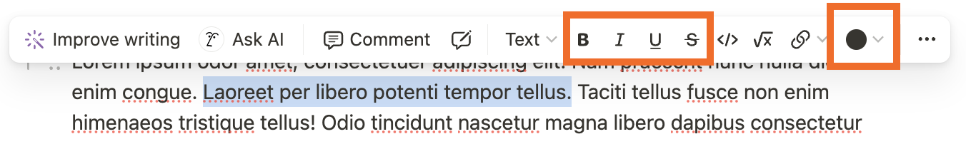 In a Notion page, text is selected and a menu bar appearing above it. The text formatting and color options are highlighted.