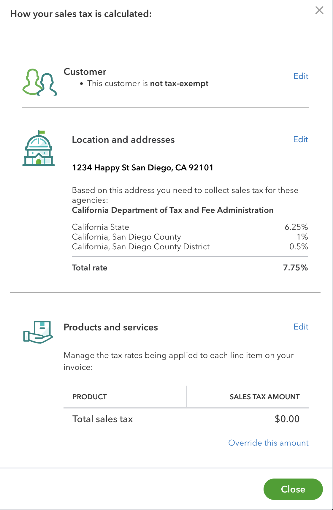 Screenshot of the user testing the sales tax feature for invoices