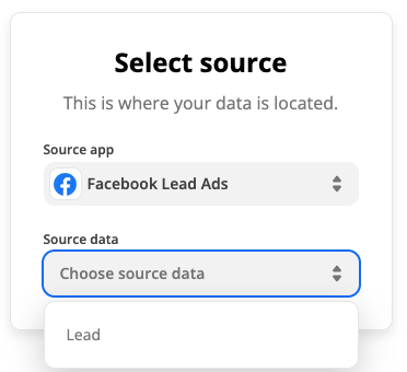 A dropdown menu of available data types to select for a source app. The article example is Facebook Lead Ads.