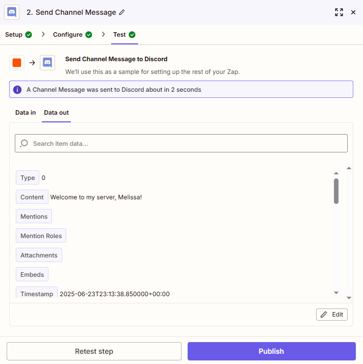 Test data showing a message being sent to Discord to welcome a new user.