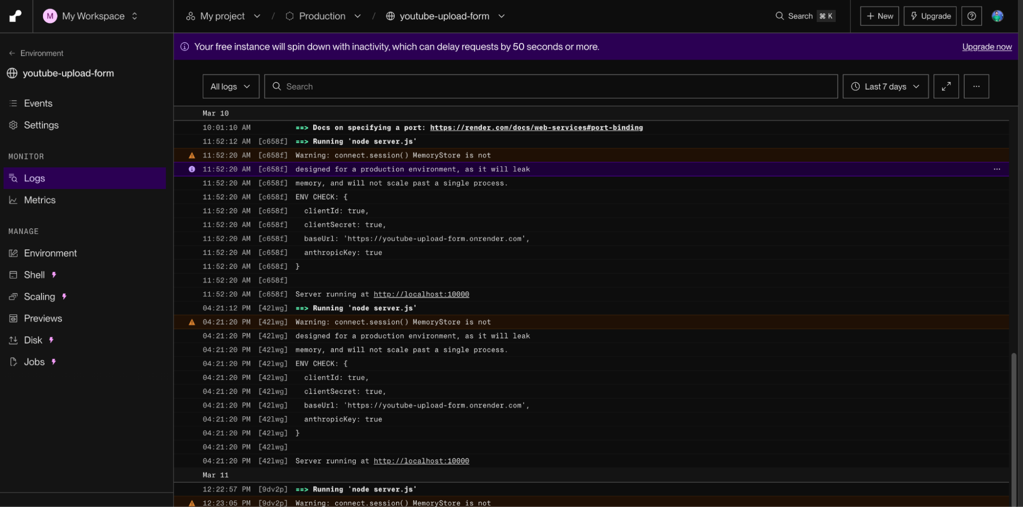 The logs from Render