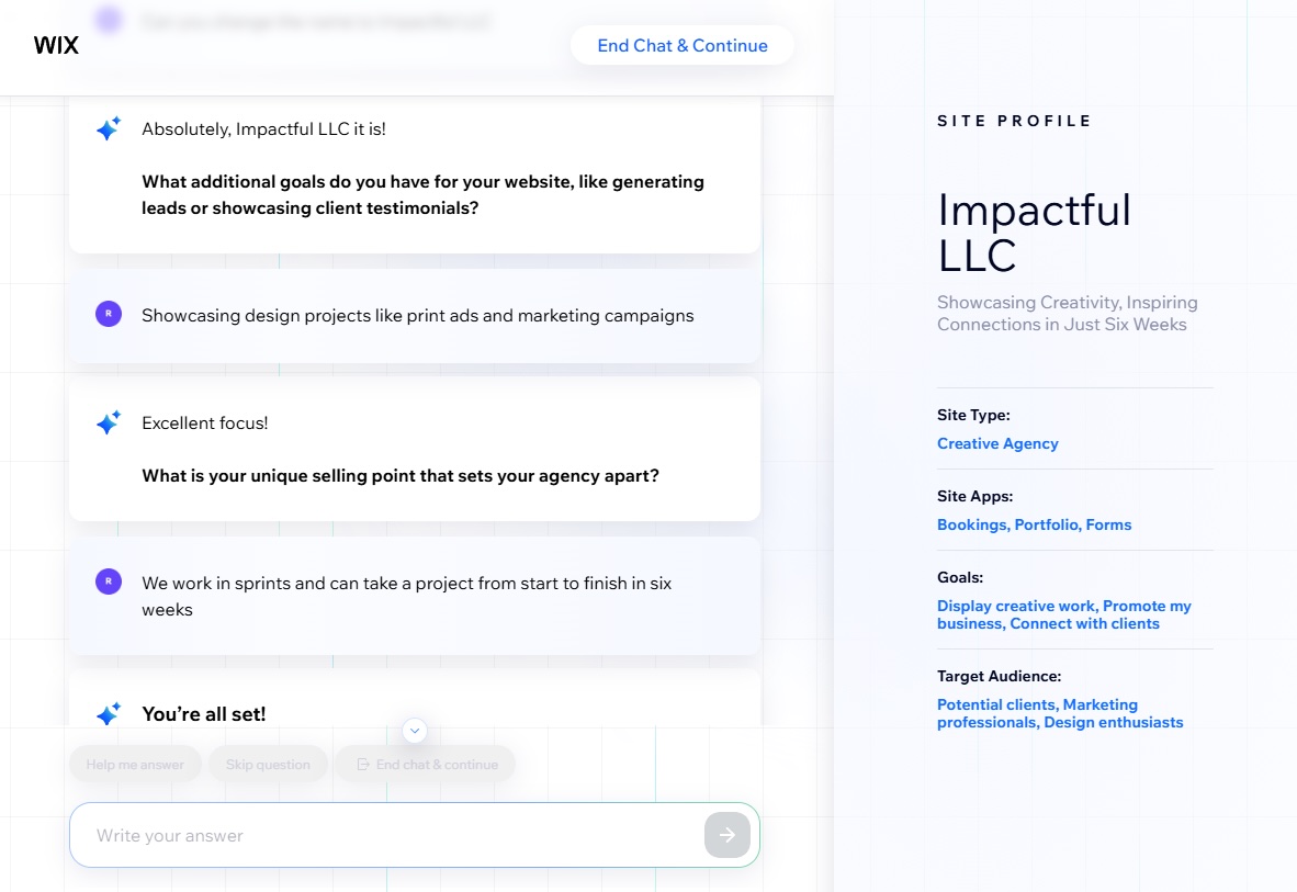 The Wix chatbot as you create a website