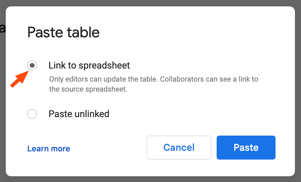 A pop-up window in Google Docs titled 