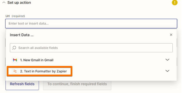 An orange box around "Text in Formatter by Zapier".