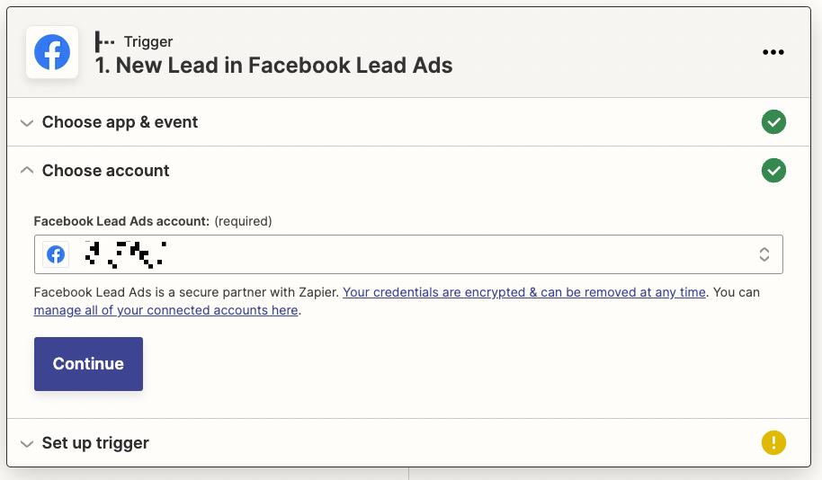 A Facebook Lead Ads account selected in the Facebook Lead Ads account field.