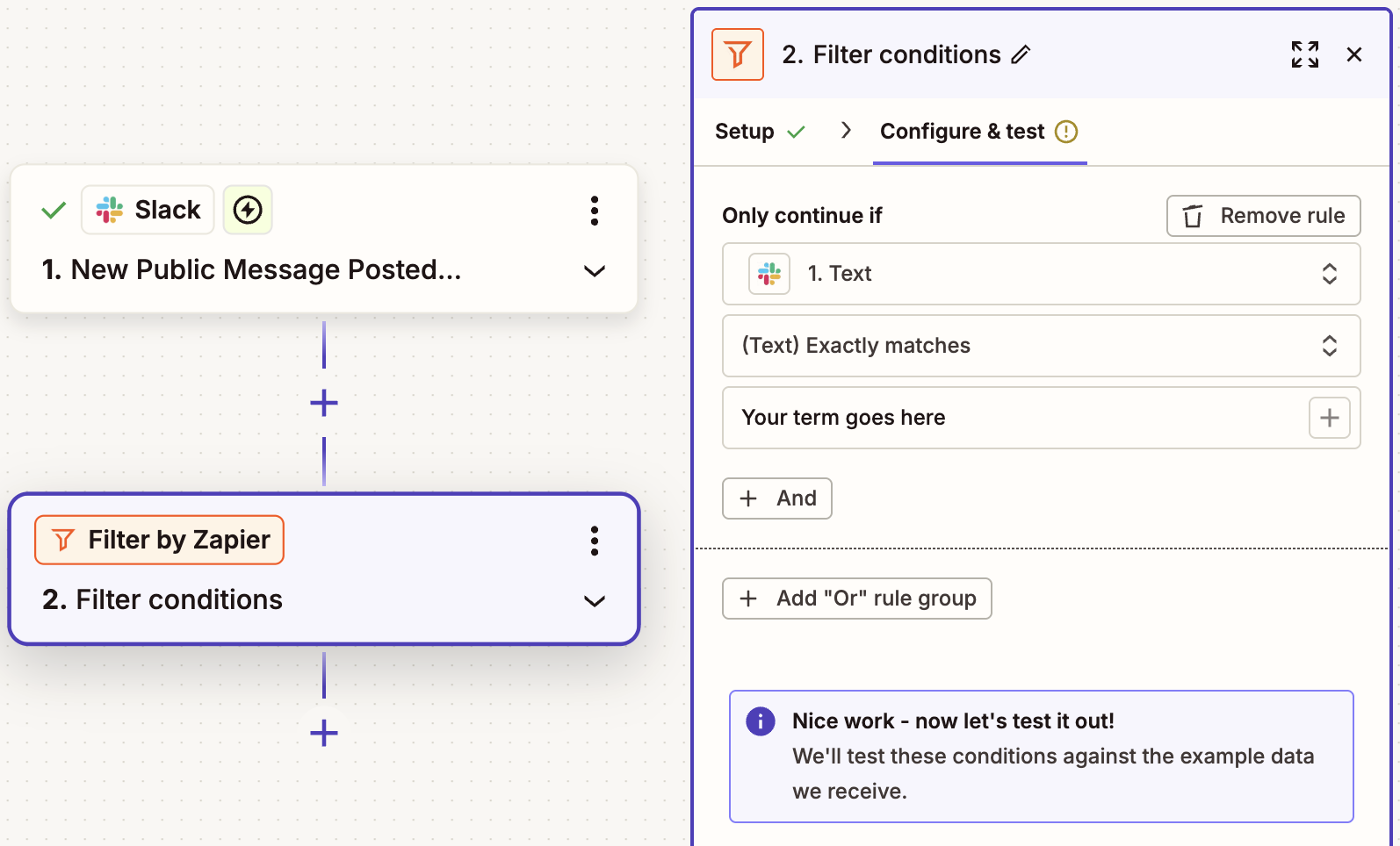 Zapier workflow showing Slack trigger and Filter by Zapier step with text condition exactly matching a term