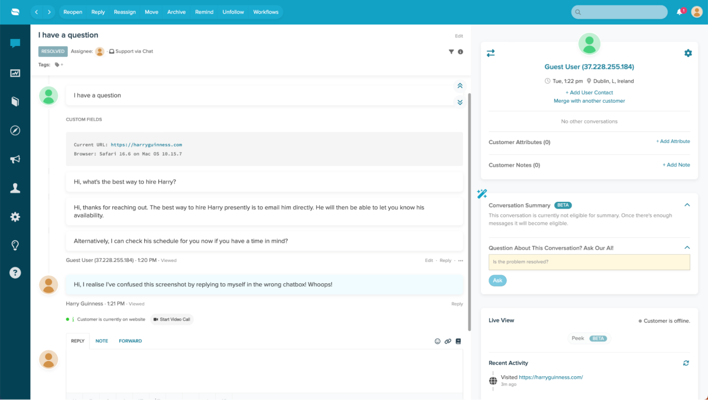 Re:amaze, our pick for the best live chat app for user experience