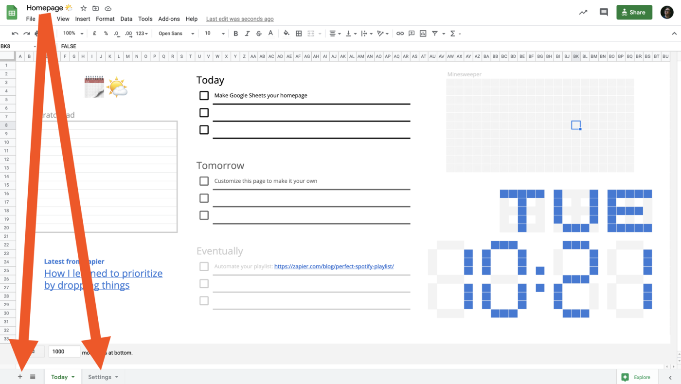 Arrows pointing to the worksheets tabs in Google Sheets