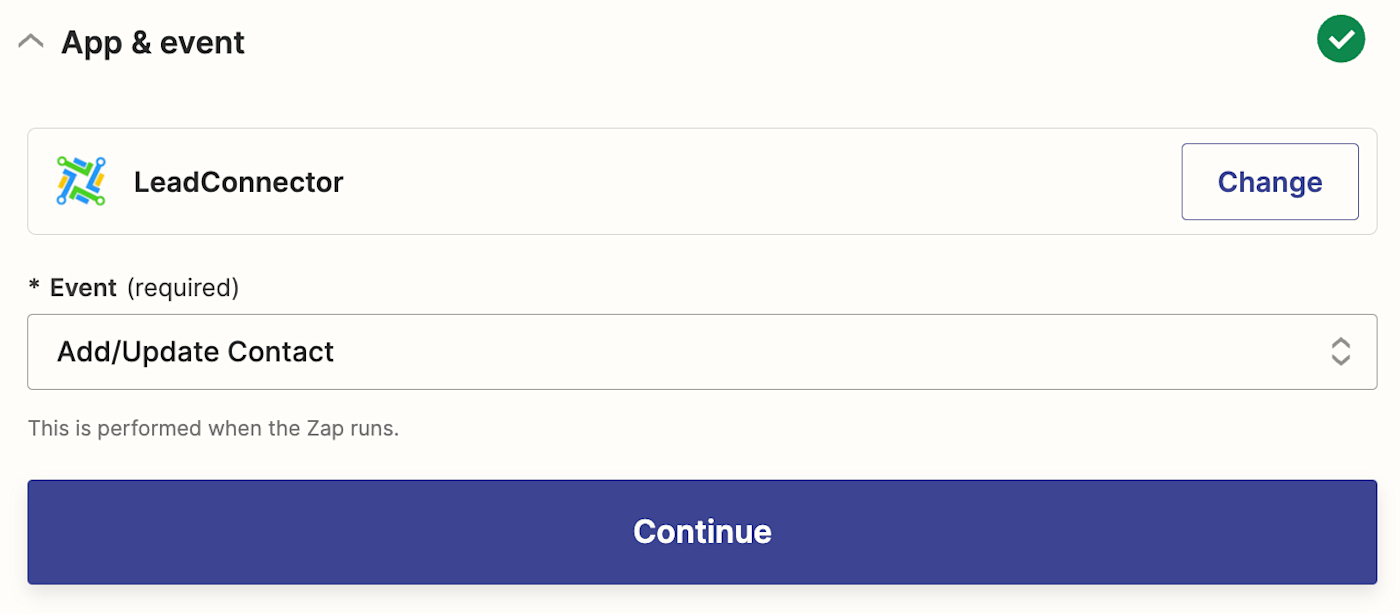 An action step in the Zap editor with LeadConnector selected for the action app and Add/Update Contact selected for the action event.