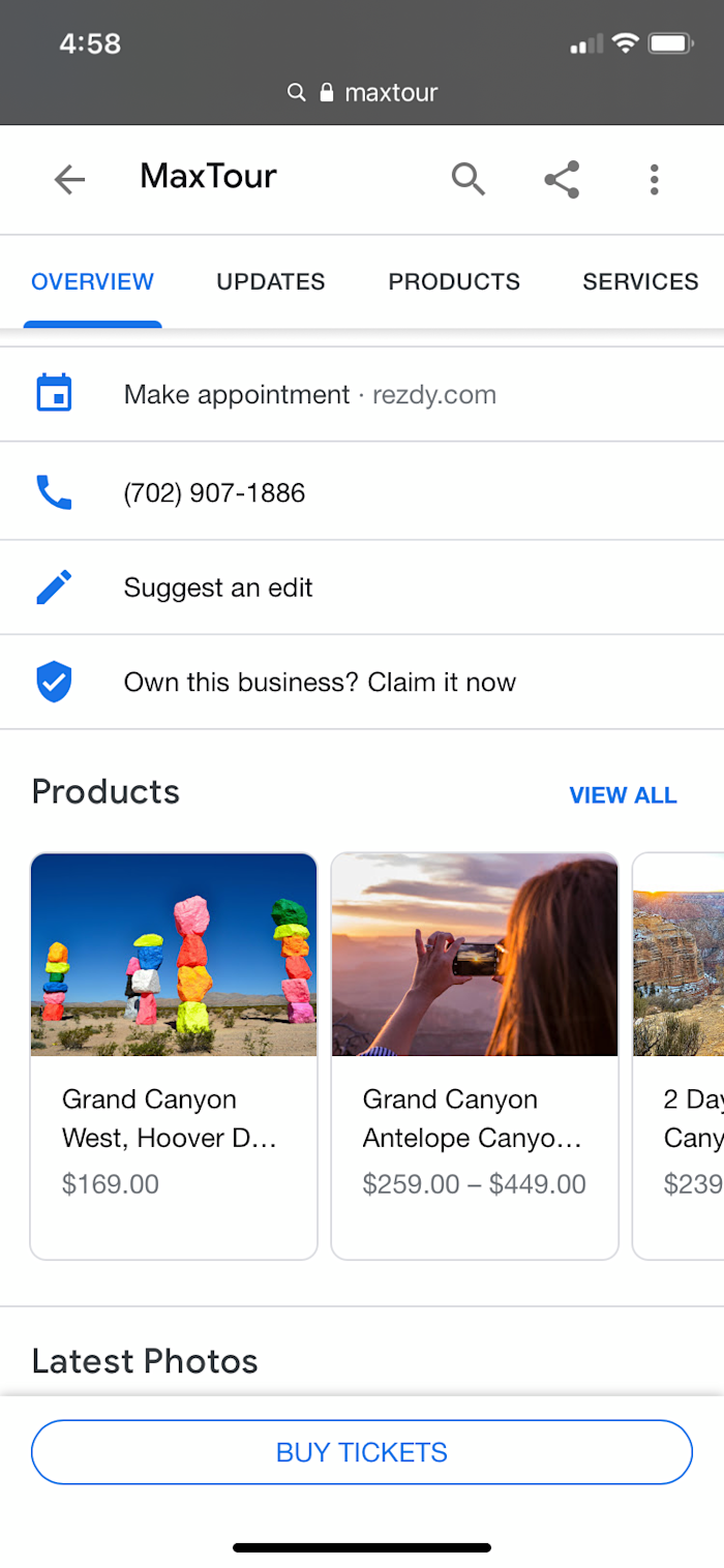 google-my-business-optimization-07-book-button The MaxTour GMB page with a big BUY TICKETS button