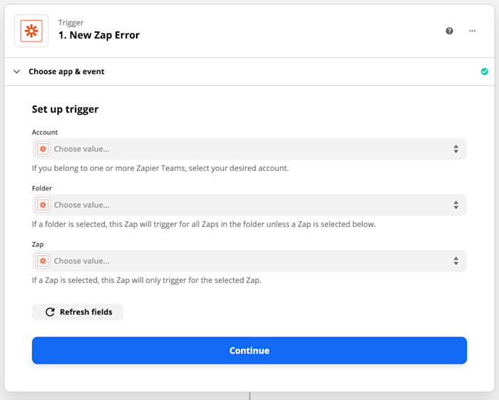 A screenshot of the trigger setup for a Zap to notify you of new errors in a Zap.