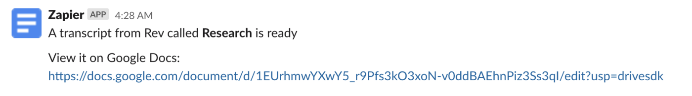 A Slack message that includes a link to a Rev transcript file in Google Docs.