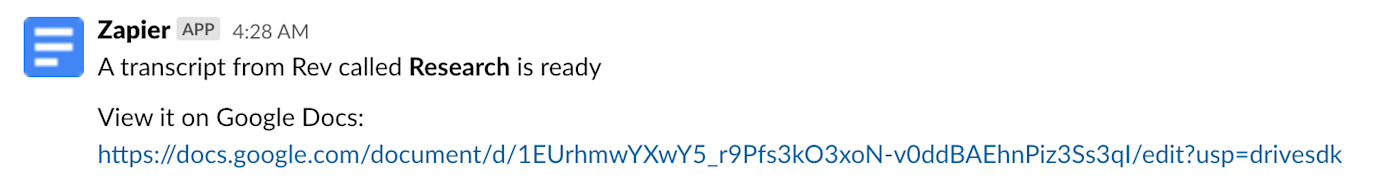 A Slack message that includes a link to a Rev transcript file in Google Docs.