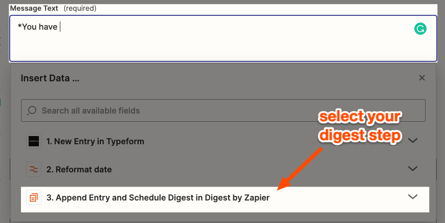 Customizing the Slack message text. An arrow points to the previous digest step in the dropdown menu. 