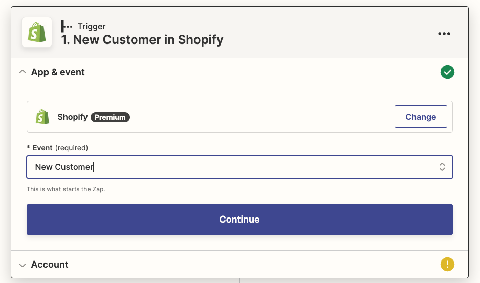 The Shopify app has been selected with New Customer selected in the Event field.