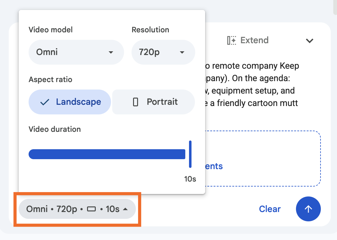 Expanded view of the model, resolution, and duration dropdown in the Google Vids editor. 