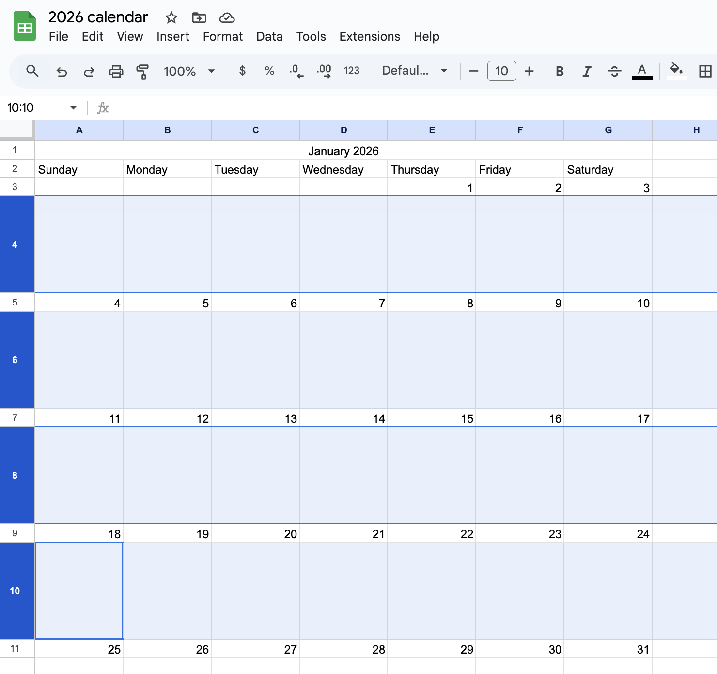 Screenshot showing resized cells on Google Sheets calendar.
