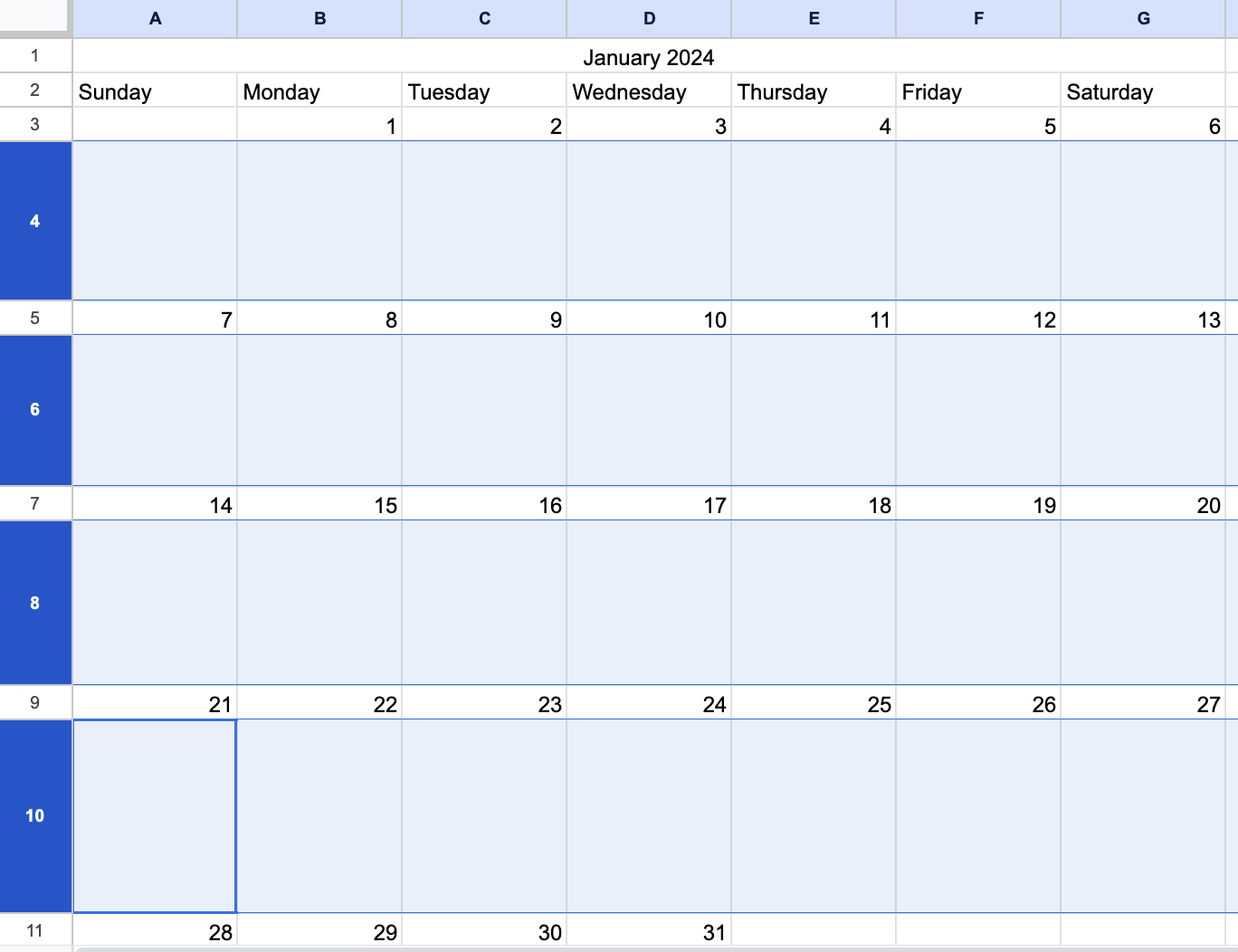 Screenshot showing resized cells on Google Sheets calendar.