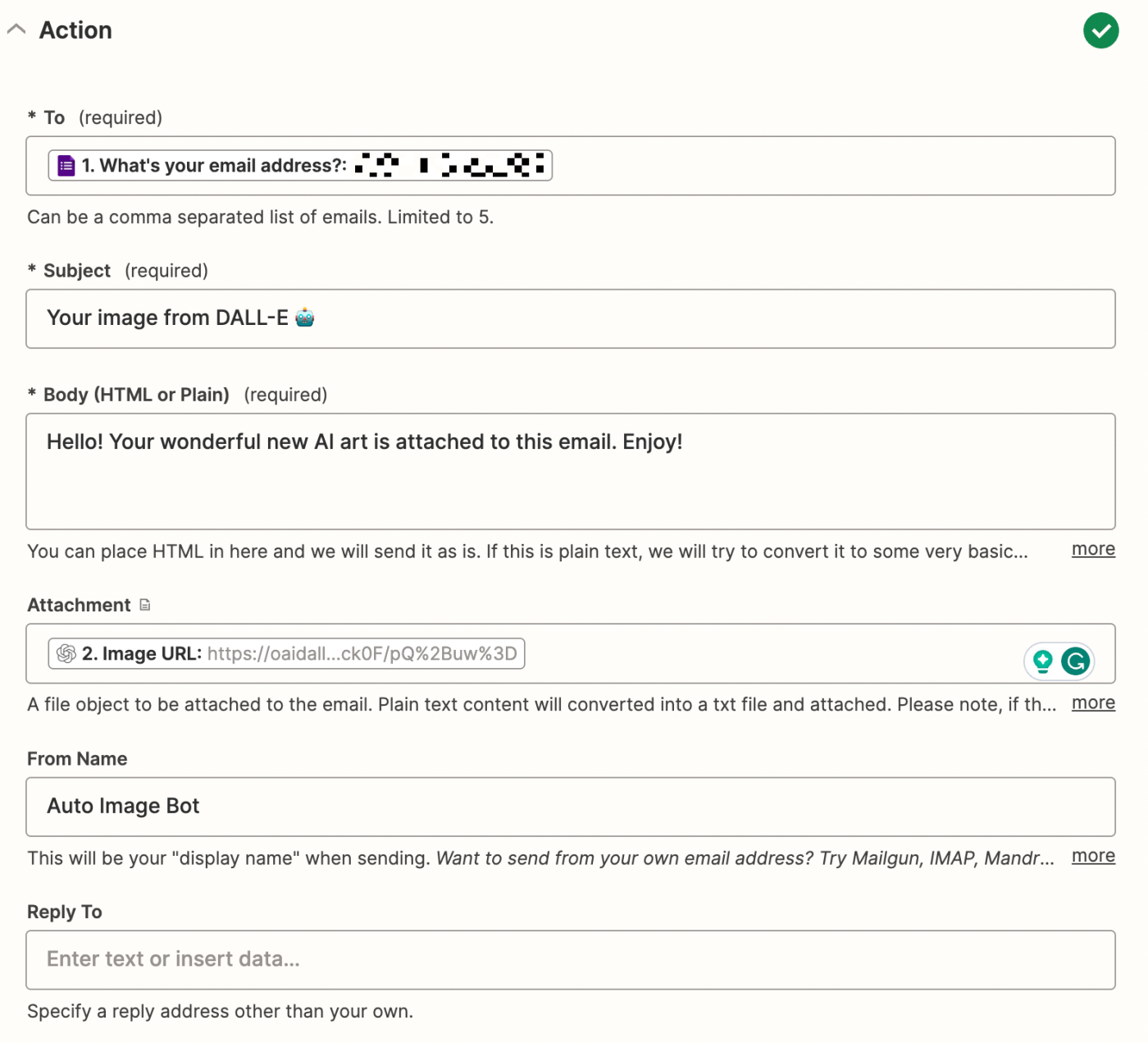 A screenshot of a finished Email by Zapier action step in the Zapier editor.