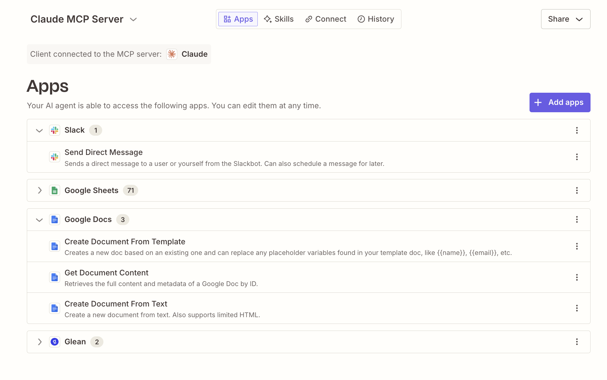 Selecting apps and actions in Zapier for a Claude MCP server