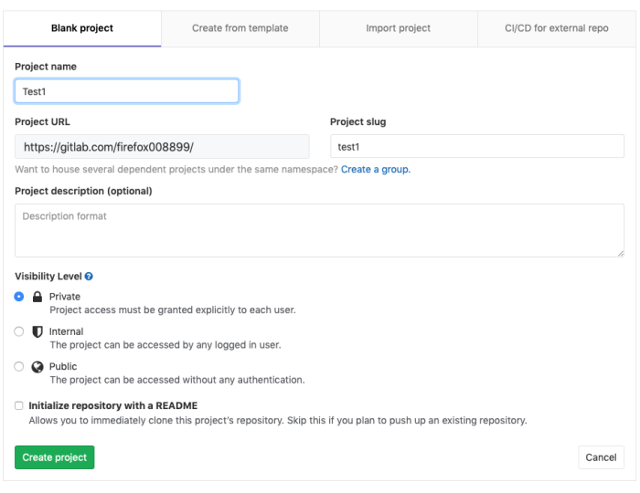 Página de proyecto en blanco en GitLab
