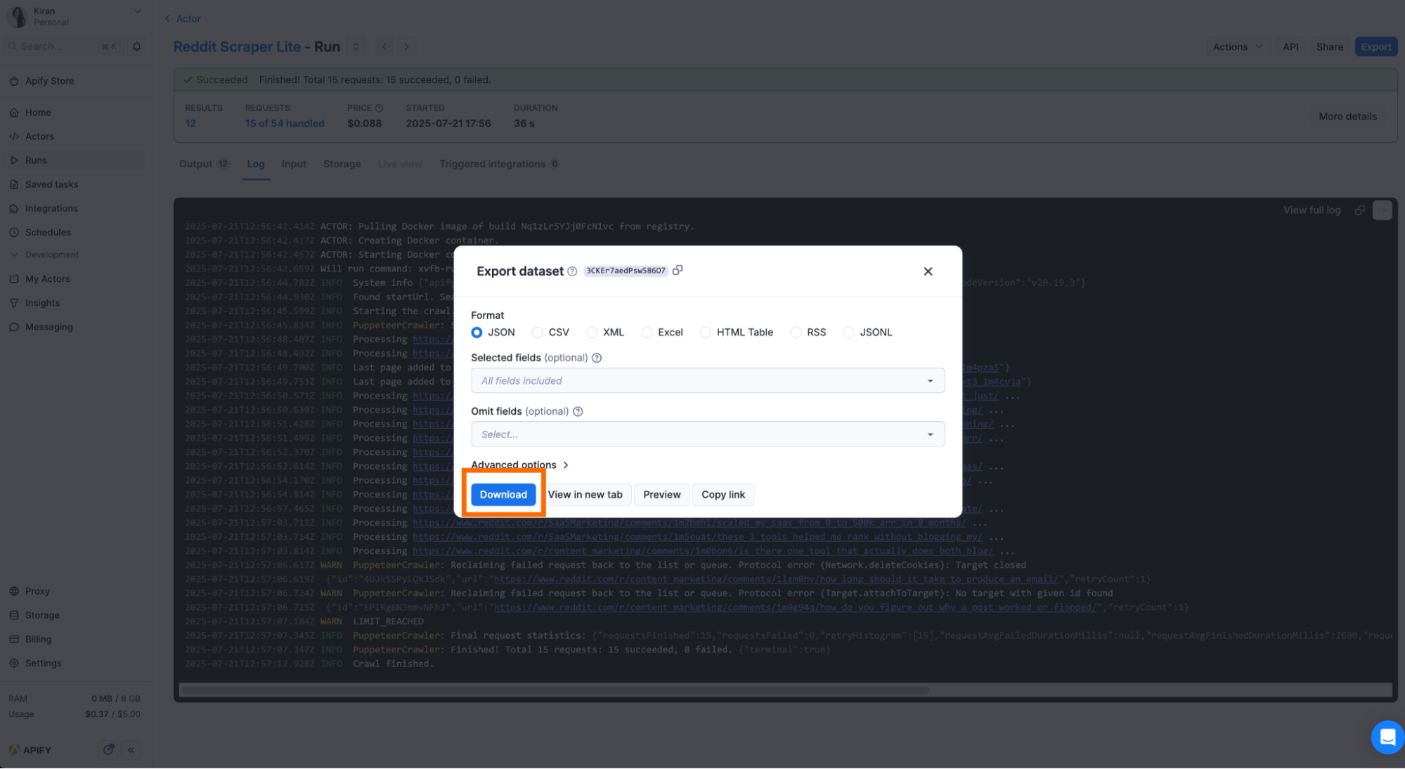 Export dataset dialog box showing JSON format selected and a blue Download button