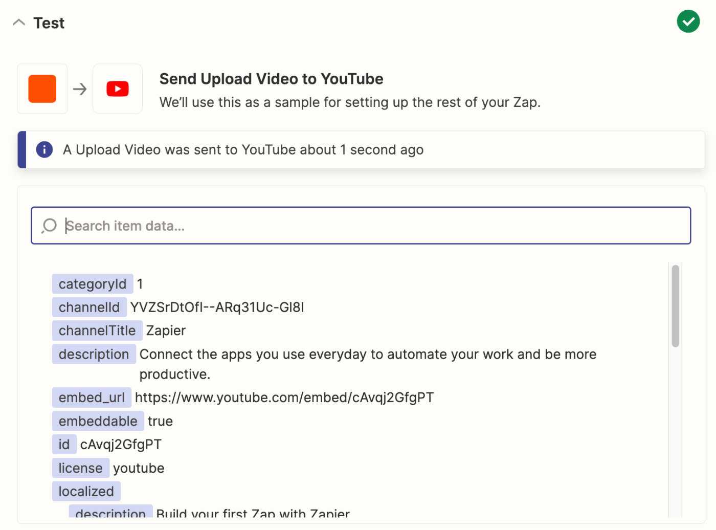 A test step to upload a video in YouTube in the Zap editor.