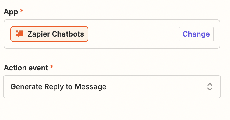 Screenshot of Zapier chatbots and action event