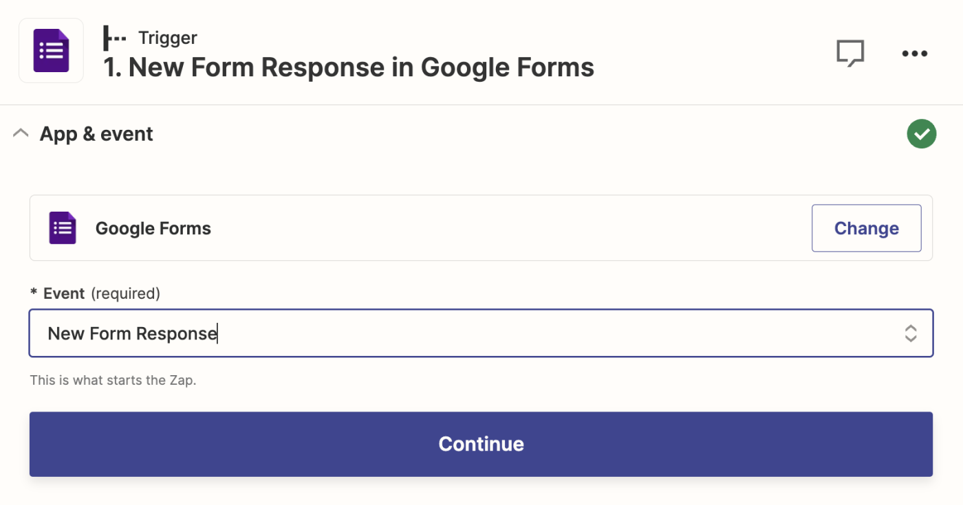 A screenshot of the setup for a Google Forms trigger step in the Zapier editor.