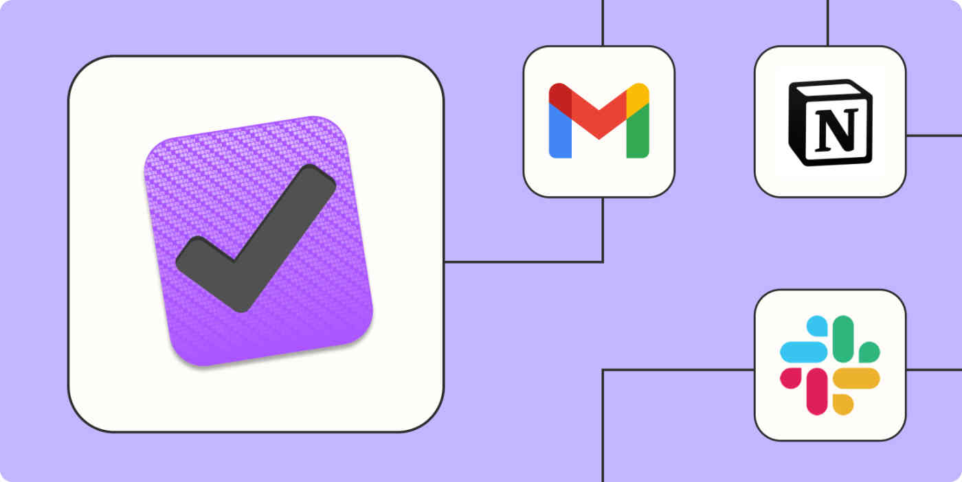 A hero image of the OmniFocus app logo connected to other app logos on a light purple background.