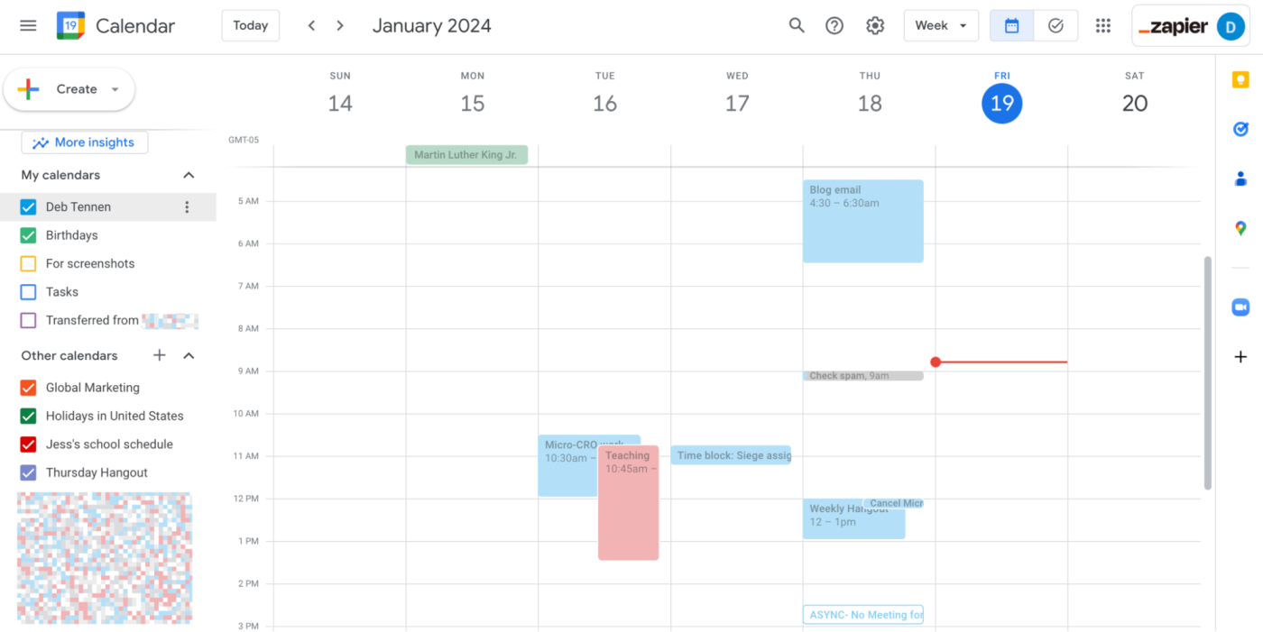 Multiple Google Calendars showed in one unified week view.