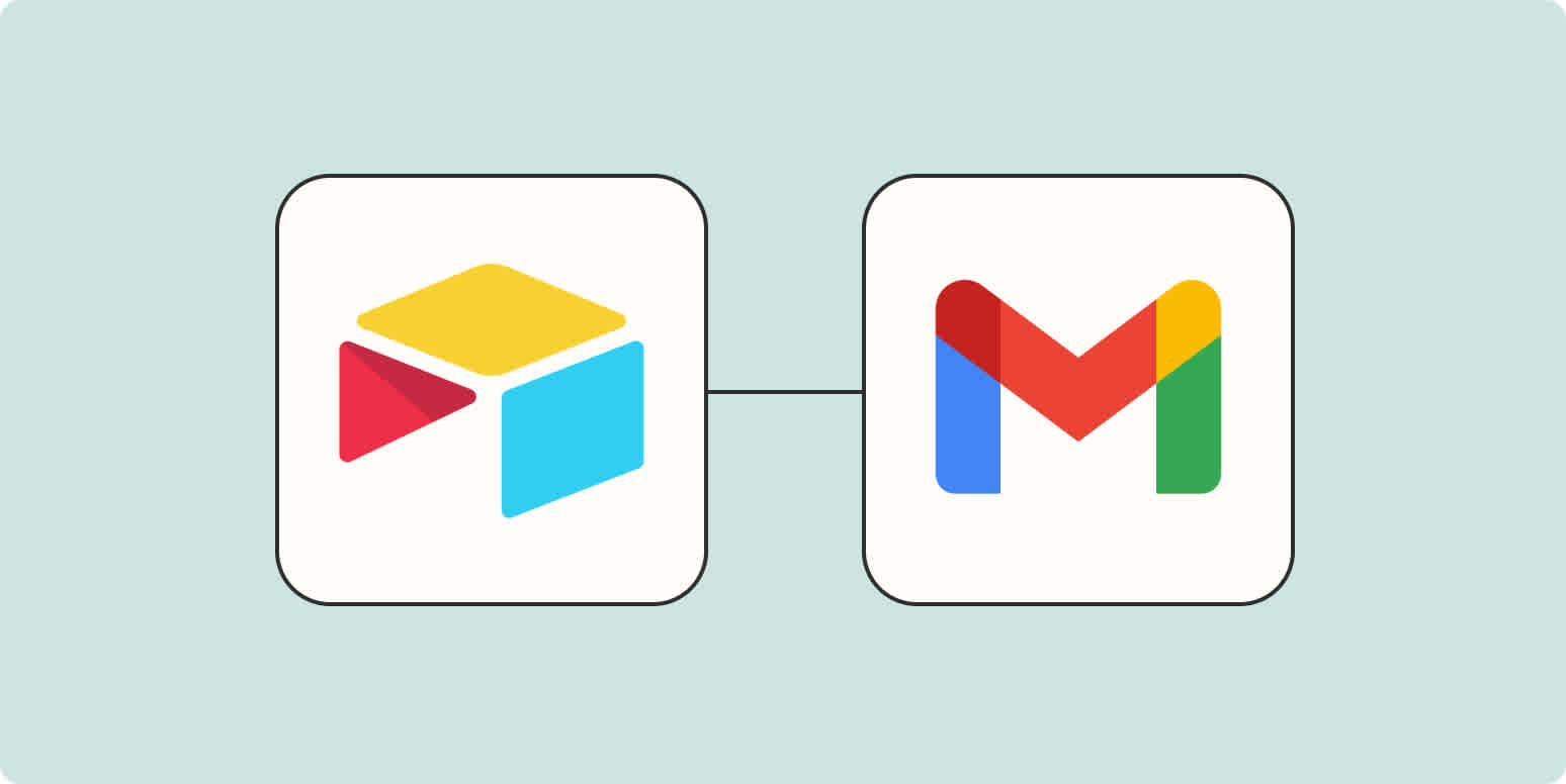 Una imagen principal del logotipo de la aplicación Airtable conectado al logotipo de la aplicación Gmail sobre un fondo azul claro.