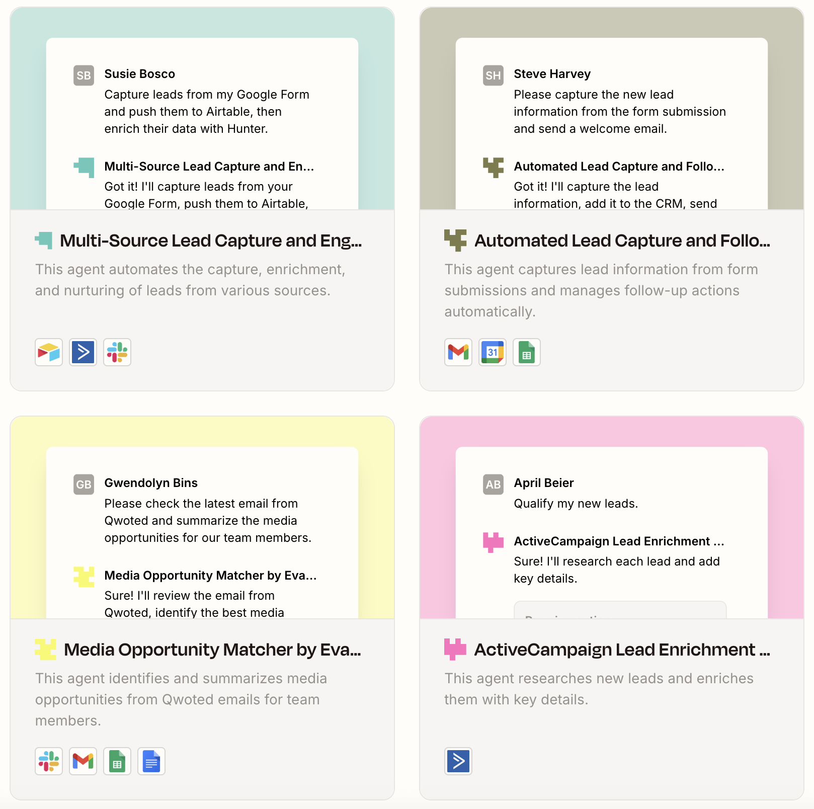 Thumbnail images of four lead management templates built on Zapier Agents