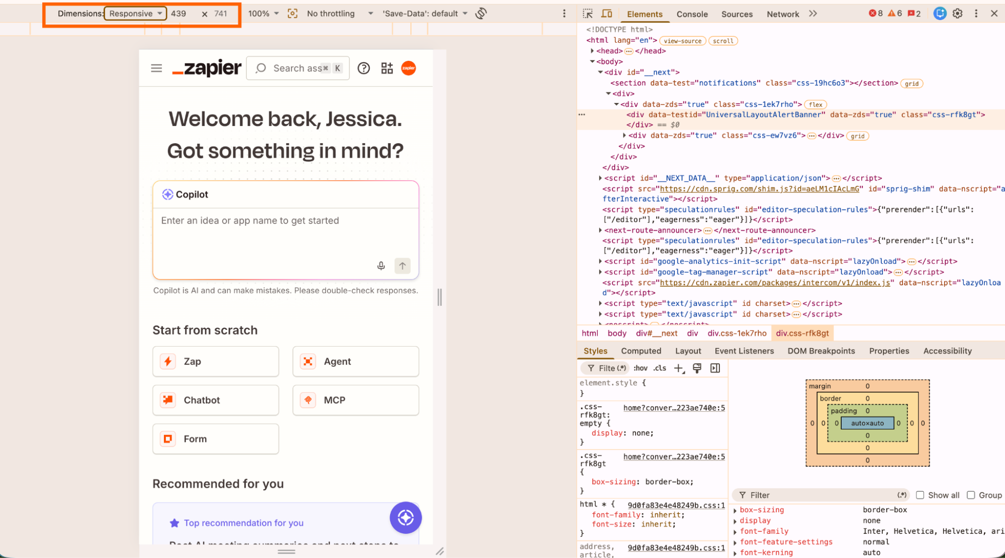 Side-by-side view of a Chrome webpage in toggle device mode (using Inspect Element) and the DevTools pane.