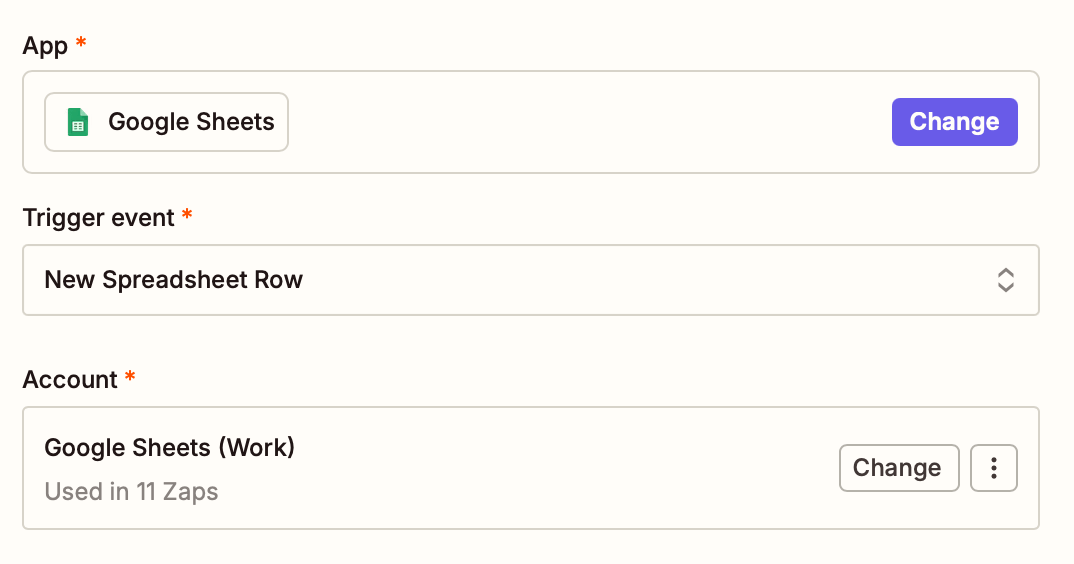 A window with fields for app, trigger event, and account selection, with Google Sheets selected as the app, "New Spreadsheet Row" as the trigger event, and the "Google Sheets (Work)" account configured, showing it's used in 11 Zaps.